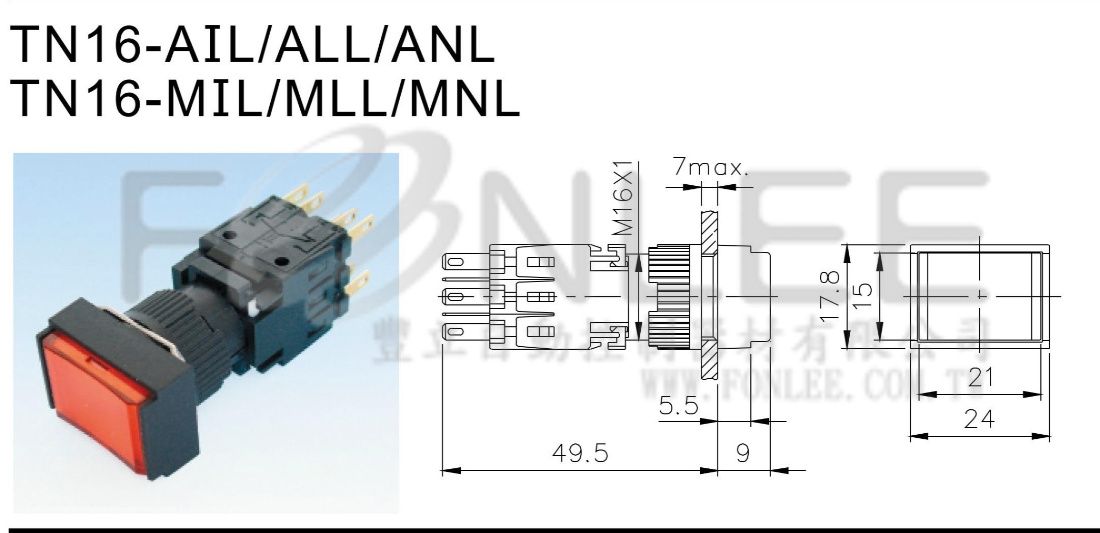 天得16ØLED長方交替G24V TN16-ALL47G1-天得16LED 24V-C3TDN16ALL47G1-押扣